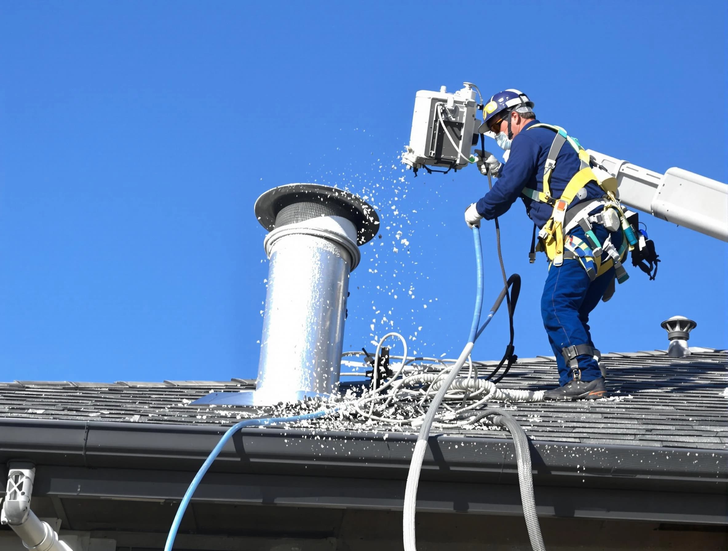 Lebanon Dryer Vent Cleaning certified technician safely cleaning a roof-mounted dryer vent in Lebanon