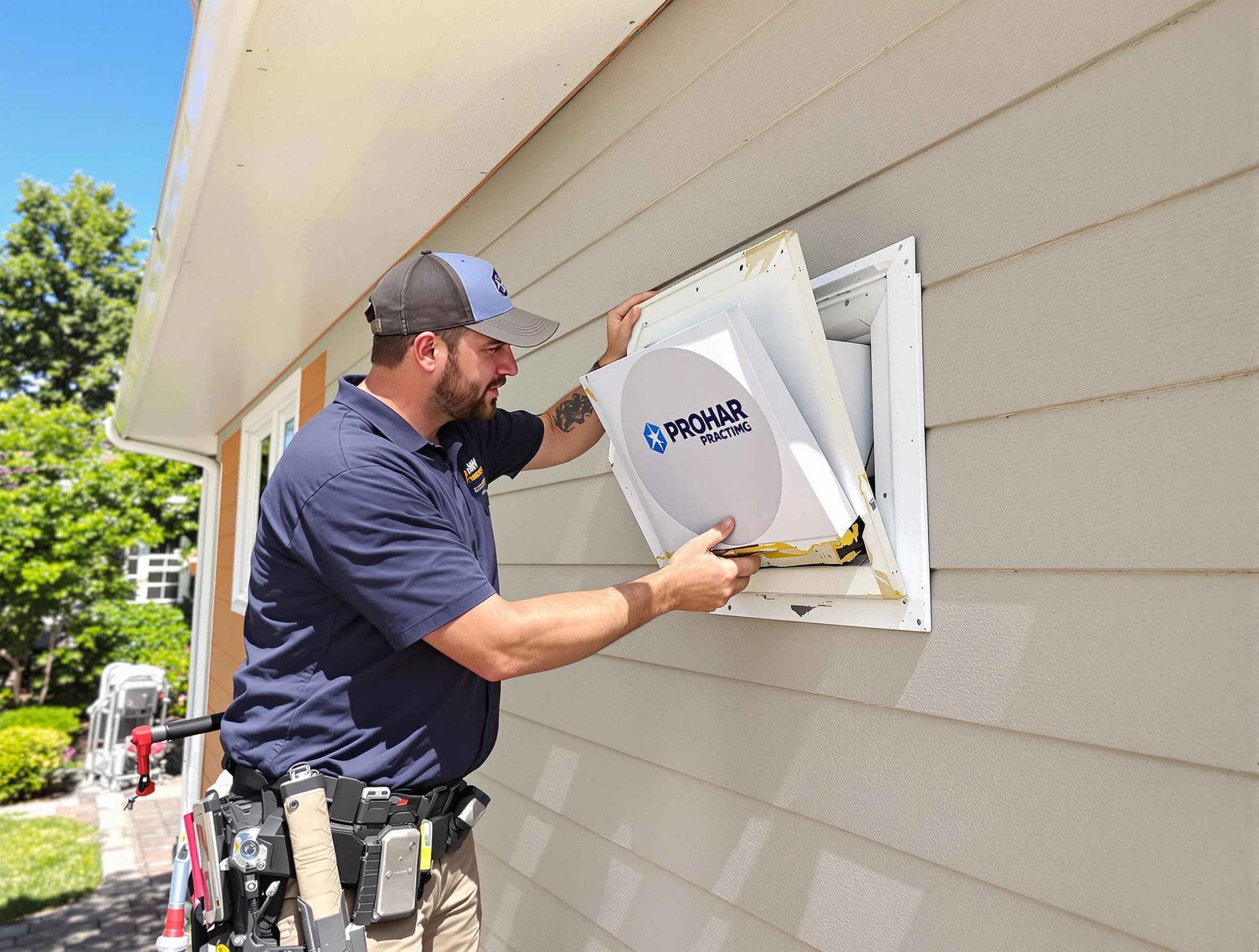 Lebanon Dryer Vent Cleaning technician installing a new protective dryer vent cover on a home in Lebanon