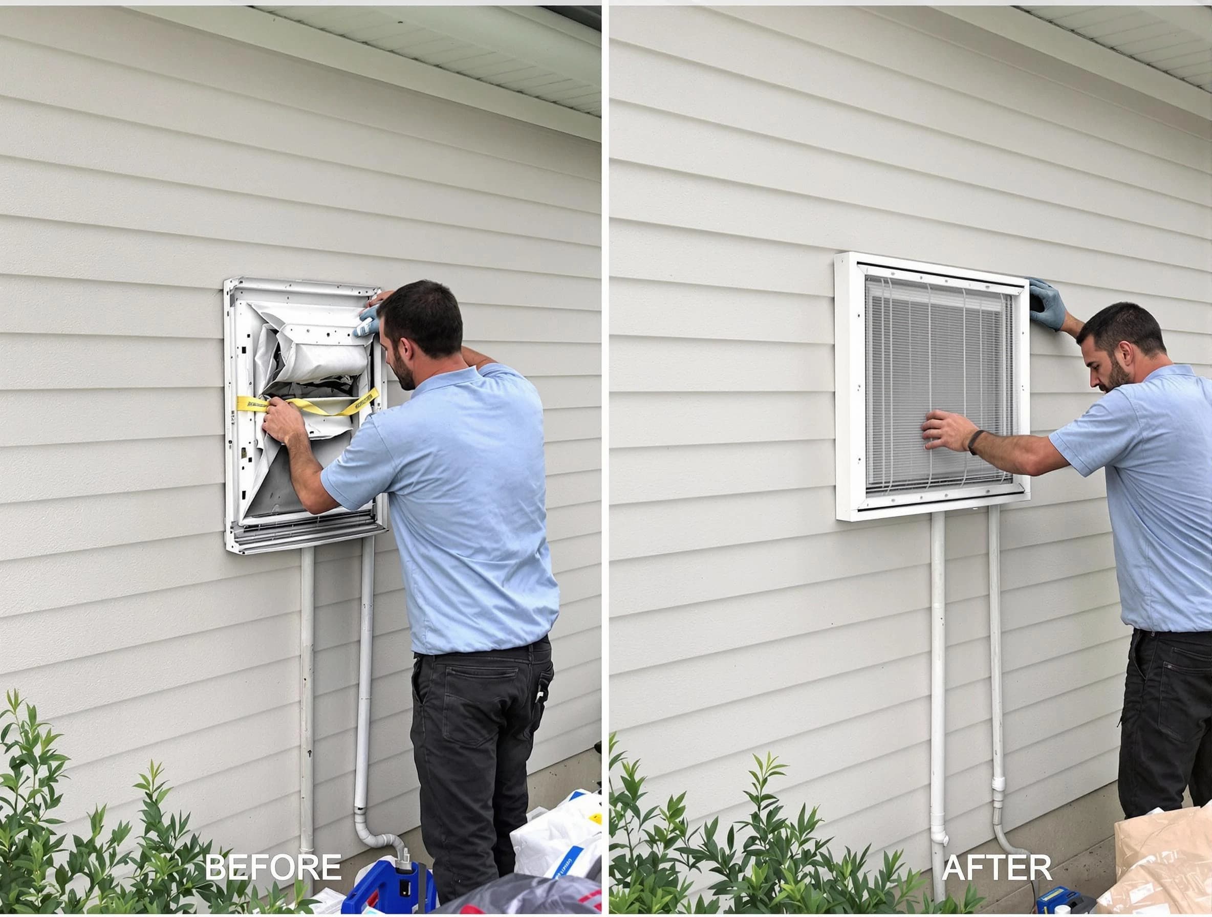 Lebanon Dryer Vent Cleaning technician installing high-quality dryer vent cover at a residential property in Lebanon