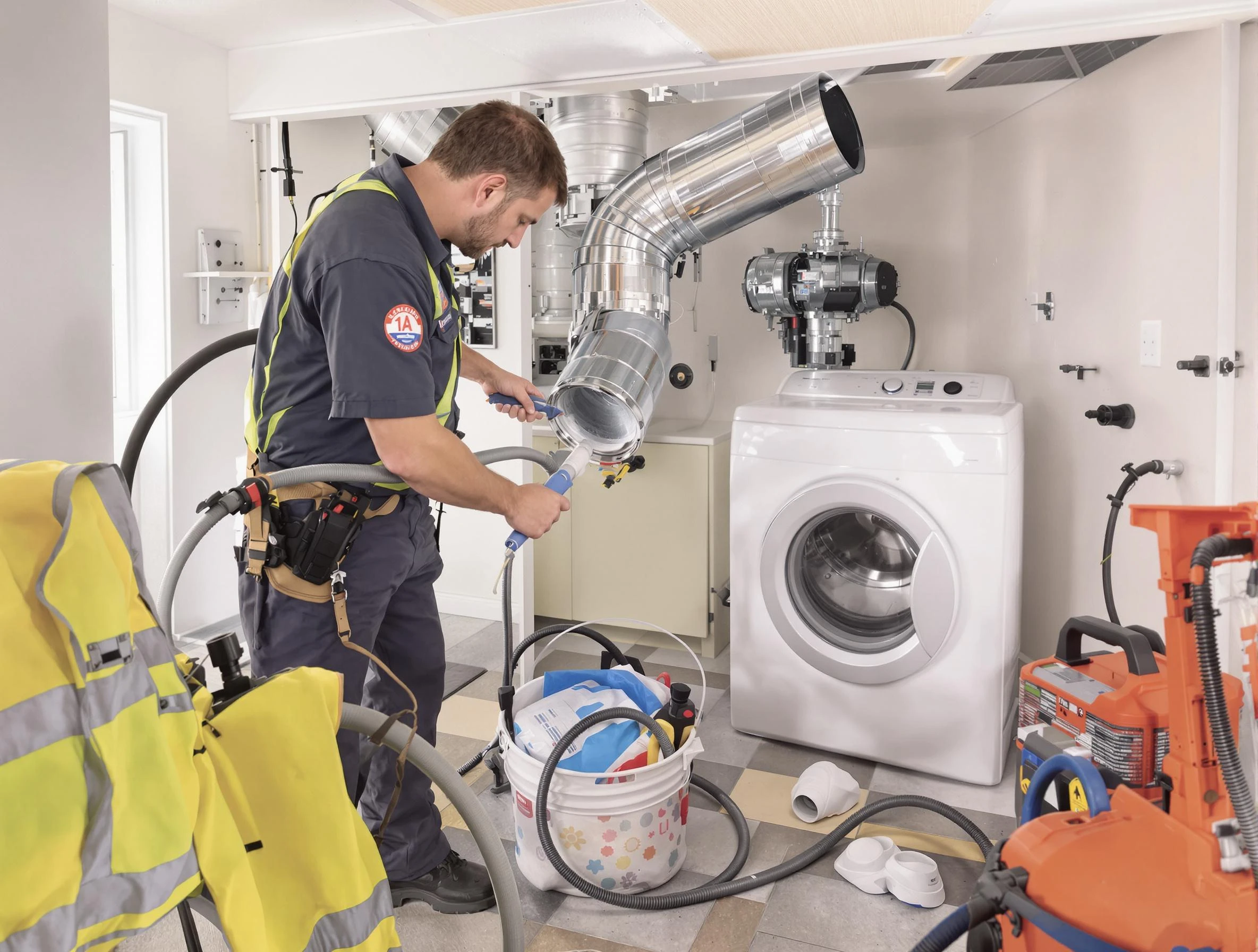 Lebanon Dryer Vent Cleaning technician using specialized equipment to clear severe dryer vent blockage in Lebanon